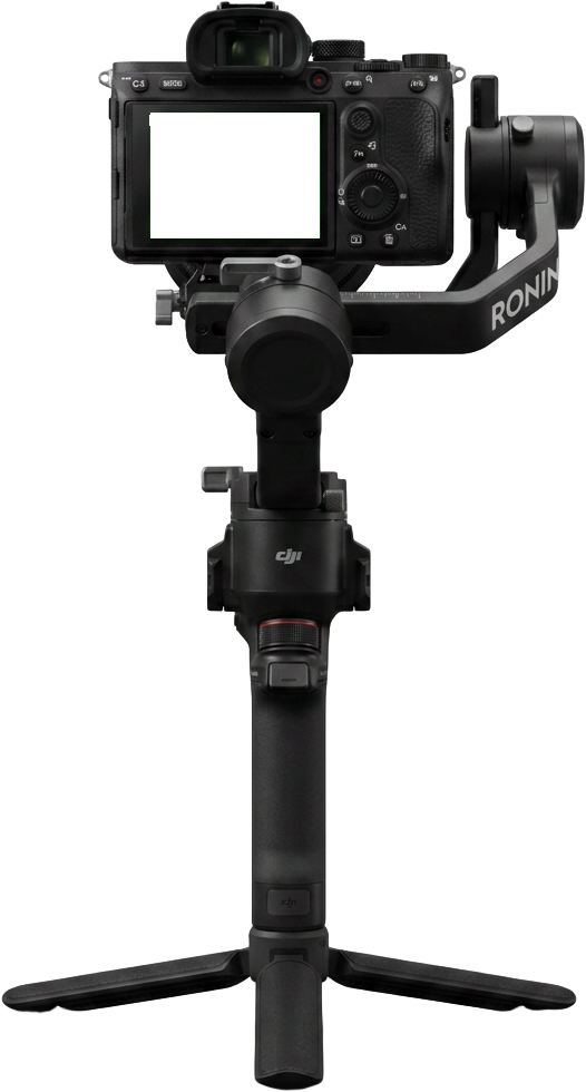 Professional camera mounted on a DJI Ronin gimbal, viewed from behind
